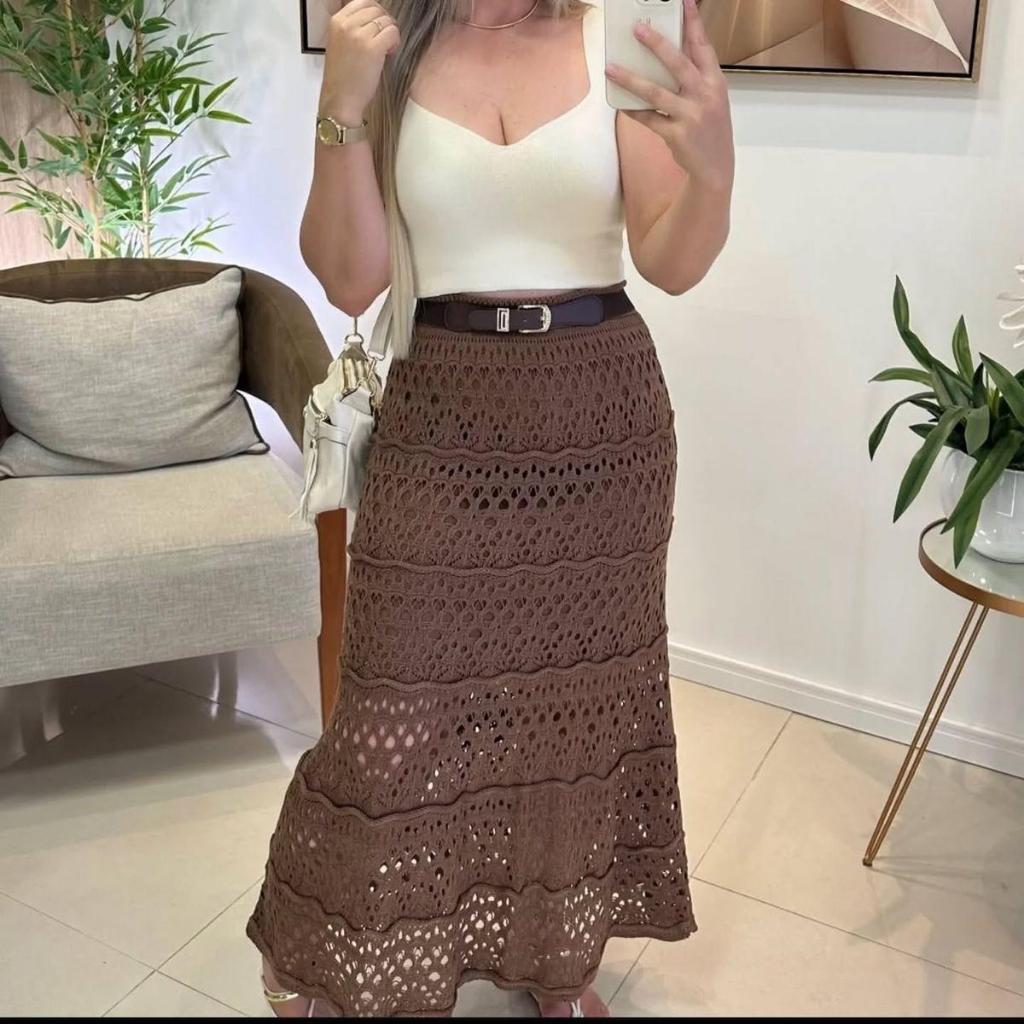 Saia Longa Tricot Rendada Ponto Crochê Moda Verão Forrada Tendência Midi Luxo Tricô Praia Piscina em Oferta na Shopee