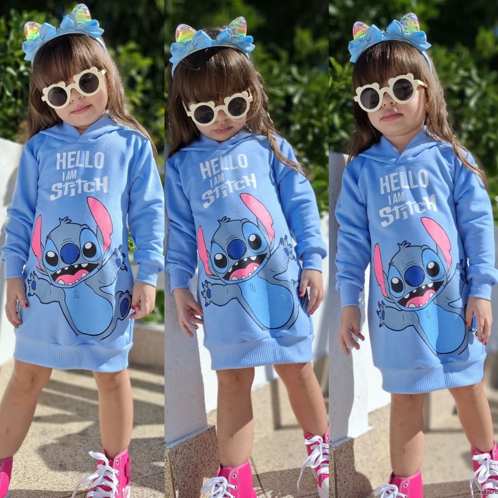 Vestido Stitch Menina Inverno Manga Longa com Capuz Quentinho e Estiloso 2 a 14 Anos em Oferta na Shopee