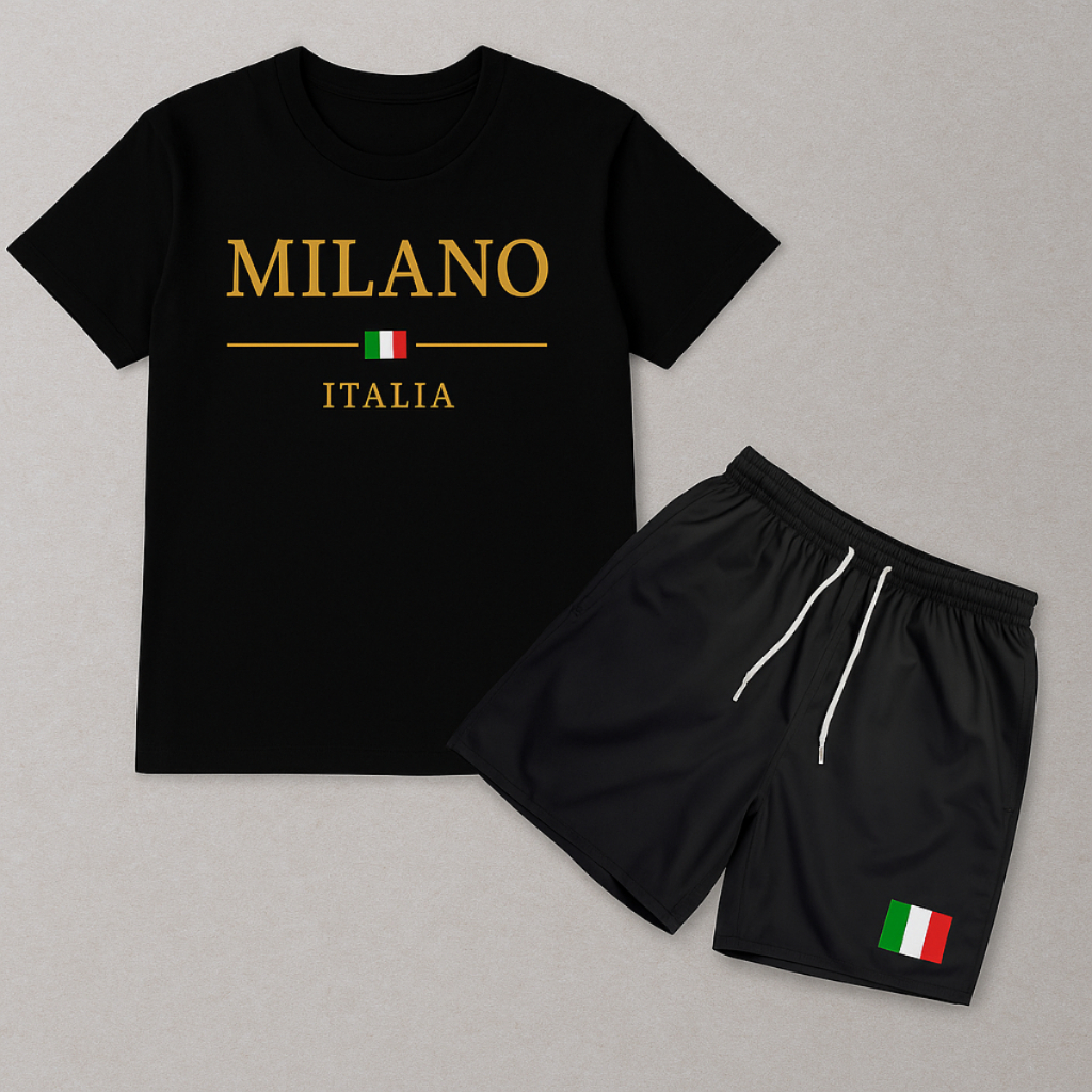 Kit Conjunto Masculino Algodão Milano Itália ?? – Camiseta + Shorts Estilo Luxo