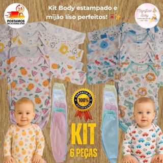 kIT 6 peças body manga longa estampado e mijão liso conjunto body estampado e mijão liso body canelado em Oferta na Shopee