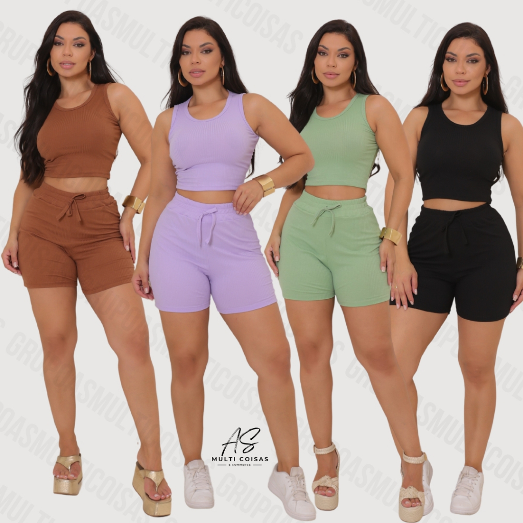 CONJUNTO FEMININO SHORT + REGATA CROPPED EM MALHA CANELADA BASICO USO DIARIO QUALIDADE PRE...