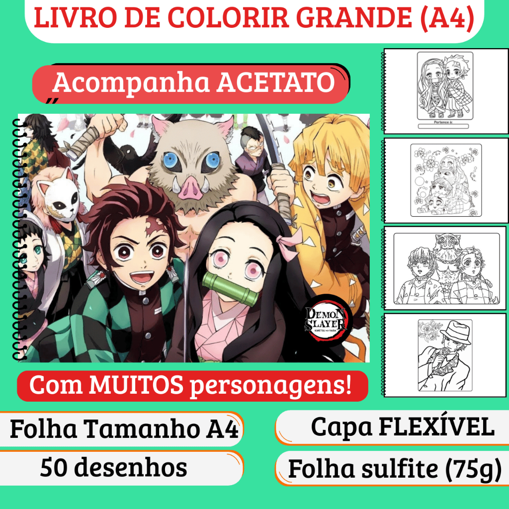 Caderno de Colorir GRANDE A4 - DEMON SLAYER (capa FLEXÍVEL e ACETATO, 50 desenhos) - Anime, Caderno para colorir