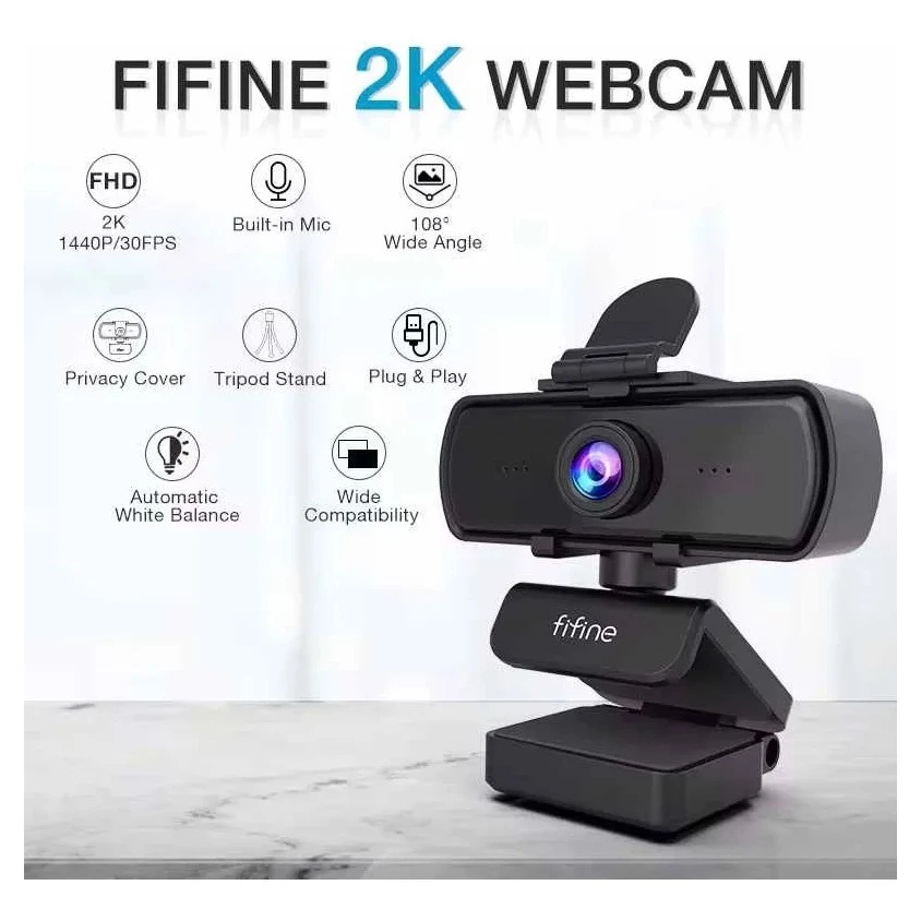 Webcam Fifine K420 2k 1440p C/ Tripe E Microfone Embutido Cor Preto