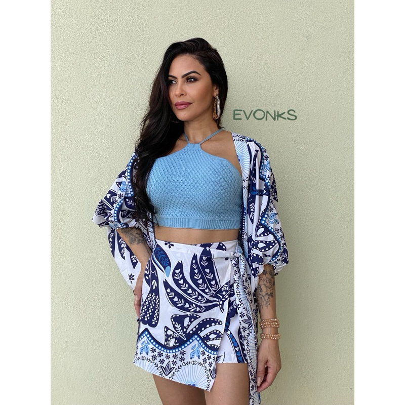 Conjunto Feminino Kimono e Short Saia, Estampa Tropical maravilhoso. Estampa Exclusiva, Tecido Não encolhe