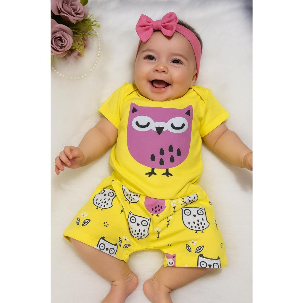 Body + shorts + faixinha de cabelo animal print estampado temático conjunto bebe 3 a 6 meses