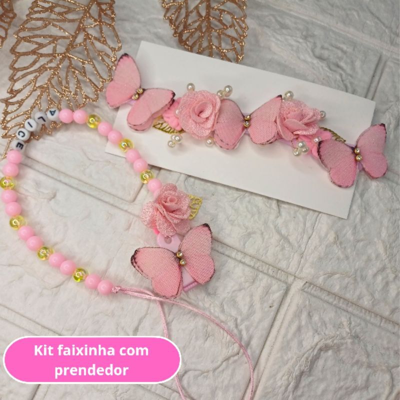 Kit Jardim Encantado luxo Rosa - Tiara de Meia com Borboletas com Prendedor de Chupeta
