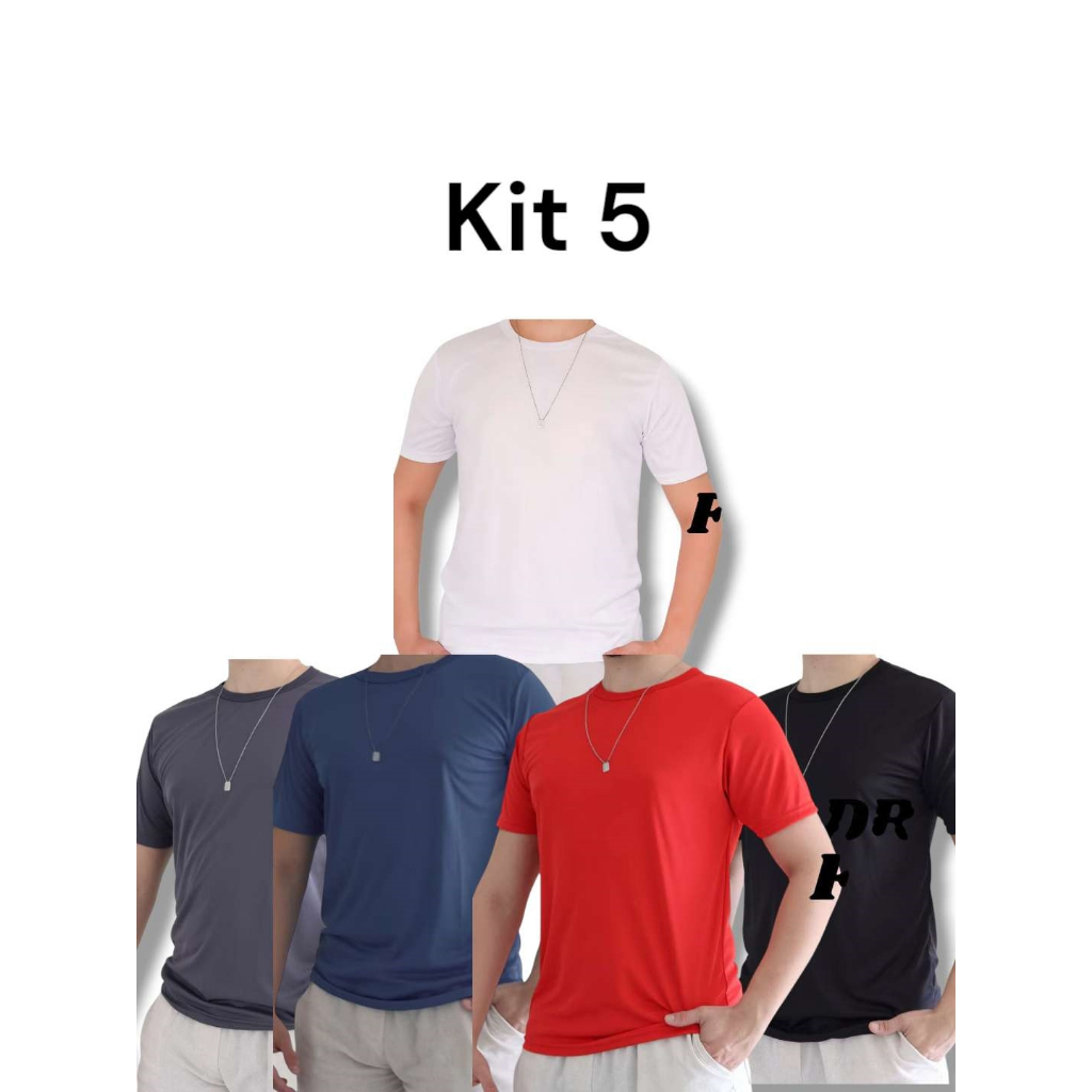 Kit 5 Camisetas Malha de secagem rápida  Masculinas BásicaLisa Academia Treino Respirável Confortável Fator UV