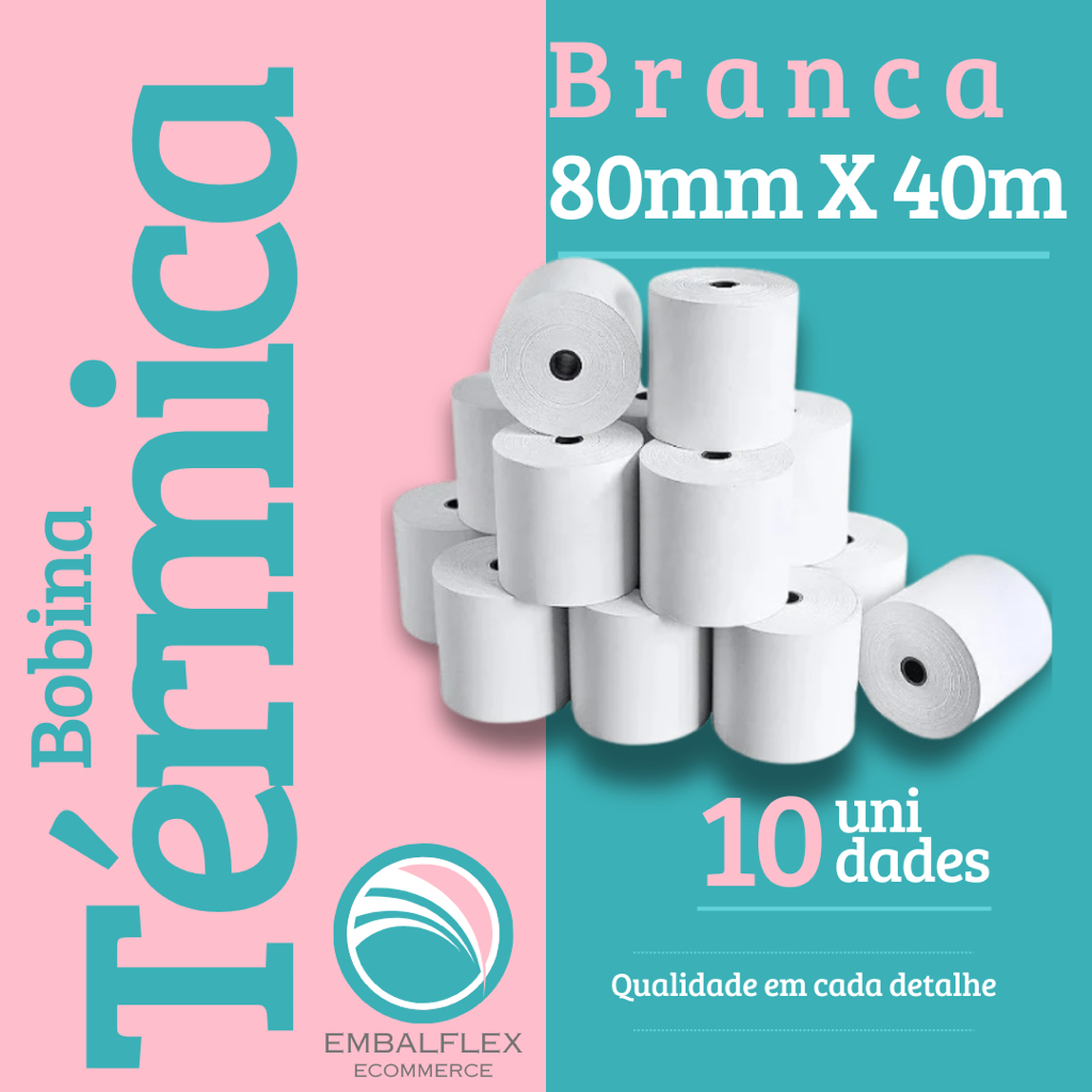 Bobina Térmica 80x40mm – Caixa com 10 Rolos Branca - Ótima Impressão