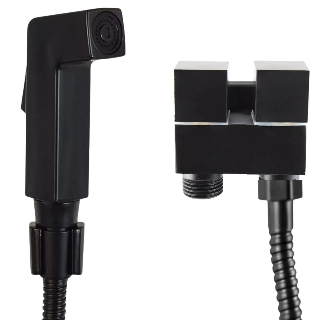 Ducha Higiênica Registro Metal Dupla Conexão + Engate Flexível Aço Inox + Gatilho Quadrado + Suporte