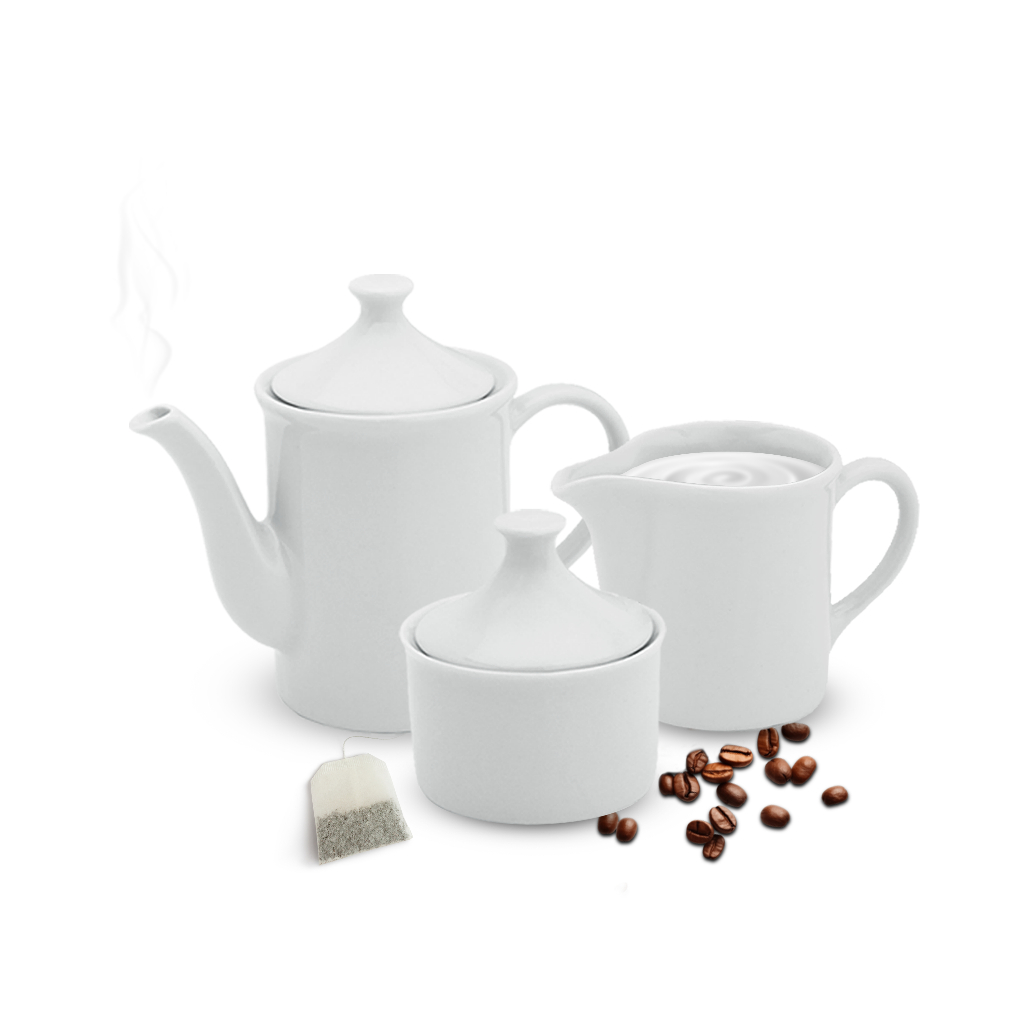 Kit Café Chá com Bule 650ml Leiteira 350ml e Açucareiro 250ml Porcelana Branca Louça