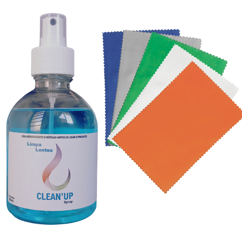 Kit Limpa Lentes Clean`Up 250ml Para Óculos Celular Computador Tablet + 5 Flanelas Microfibra Suede