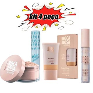 Conjunto de 4 peças BOCA ROSA Base líquida + Pó mármore + Rímel e corretivo