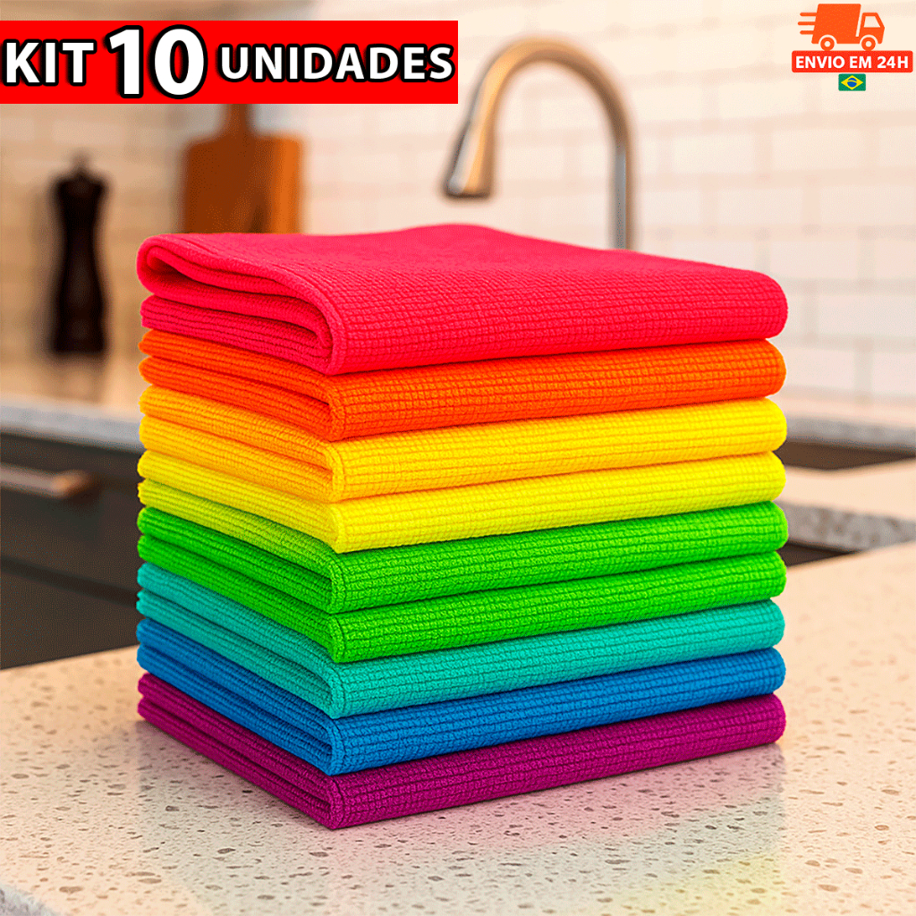 Kit 10 Panos de Microfibra Premium 30X30 para Limpeza com Alta Absorção Multiuso