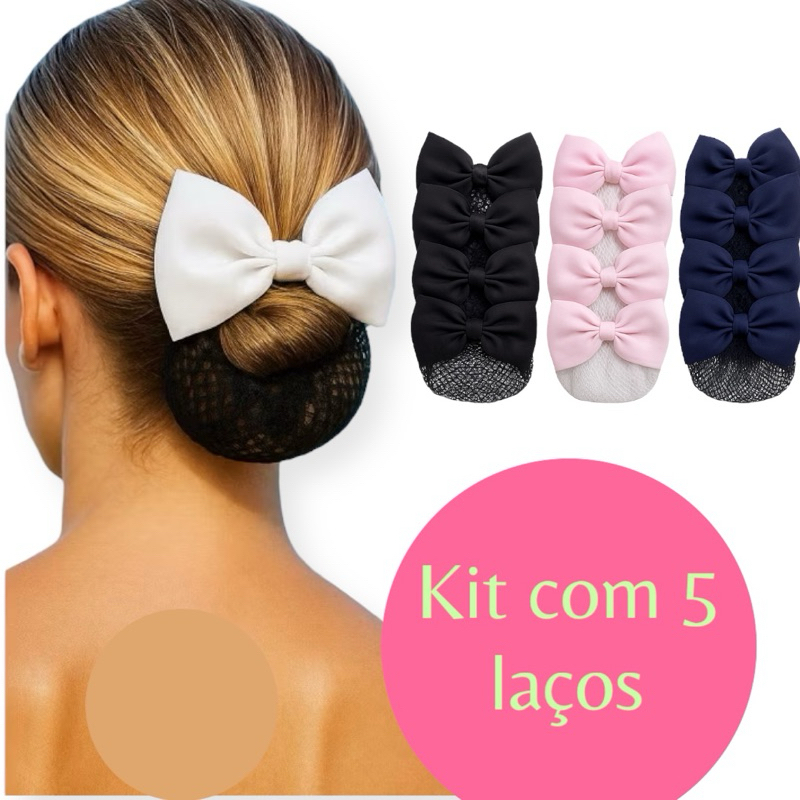 kit com 05 laços de cabelo com redinha para coque Presilhas Laço Com Redinha Cabelo