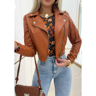 Jaqueta couro fake com ziper e bolso falso do P ao plus Size em Oferta na Shopee