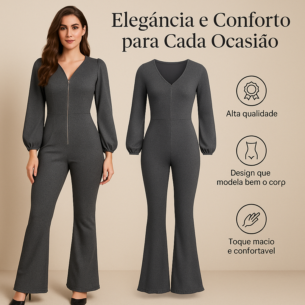 Macacão Longo Flare Feminino Modelo Gringa Macacao feminino manga longa
