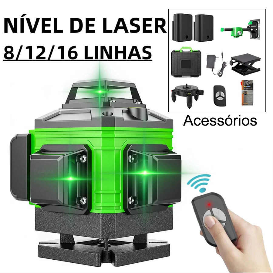 Nível Laser Profissional Recarregável 16 Linhas 50 metros Verde 3d Autonivelante Com Controle 360 4d