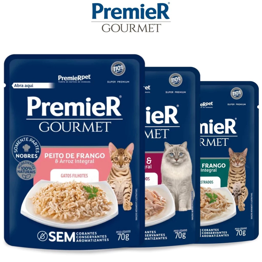 Kit 10 ou 20 Sachês Premier Gourmet Gatos Castrados Atum, Peito de Frango, Carne e Filhotes em Oferta na Shopee