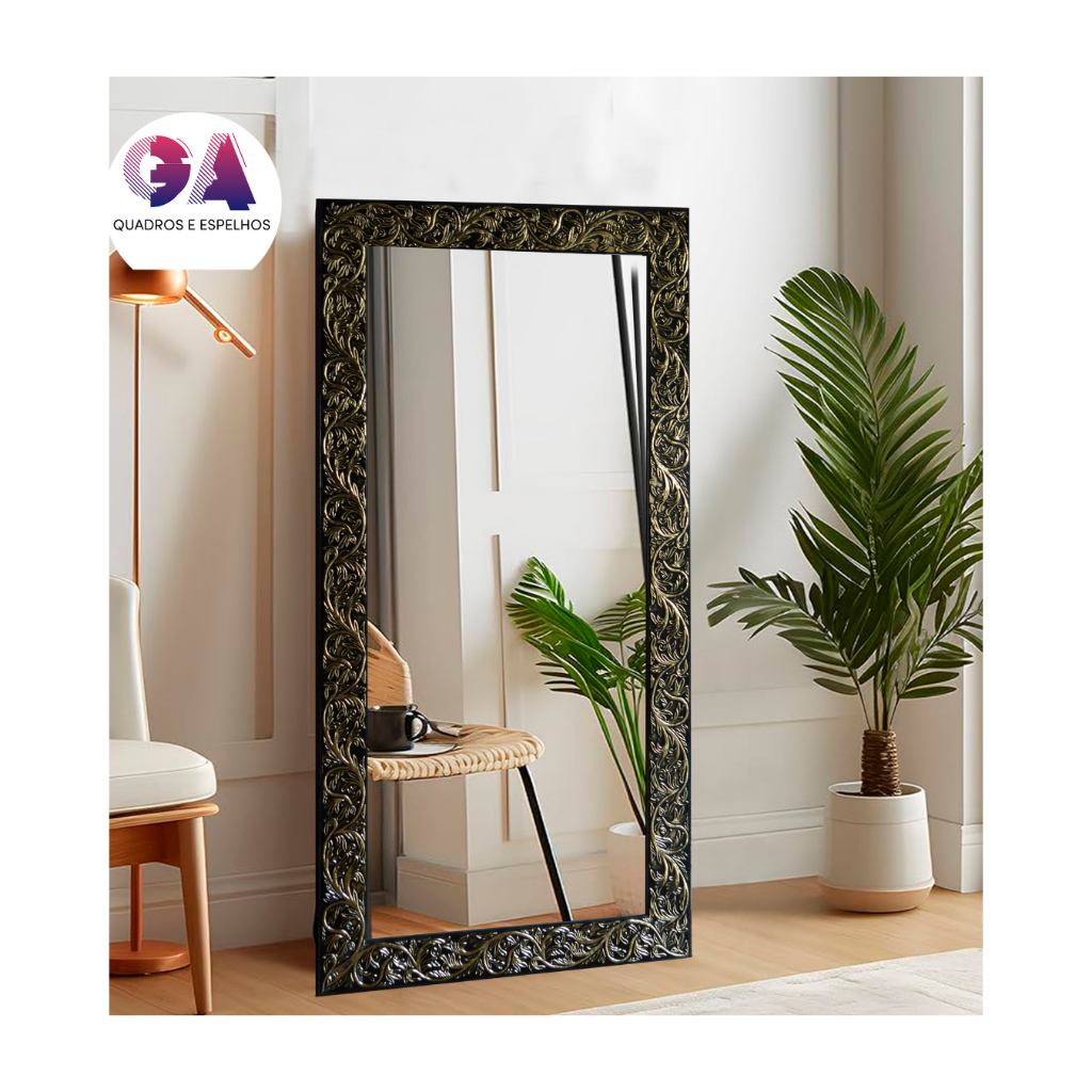 Espelho Luxo 50x100 Moldura Preta Com Dourado Com Acabamento em gesso Para Corpo e Decoração