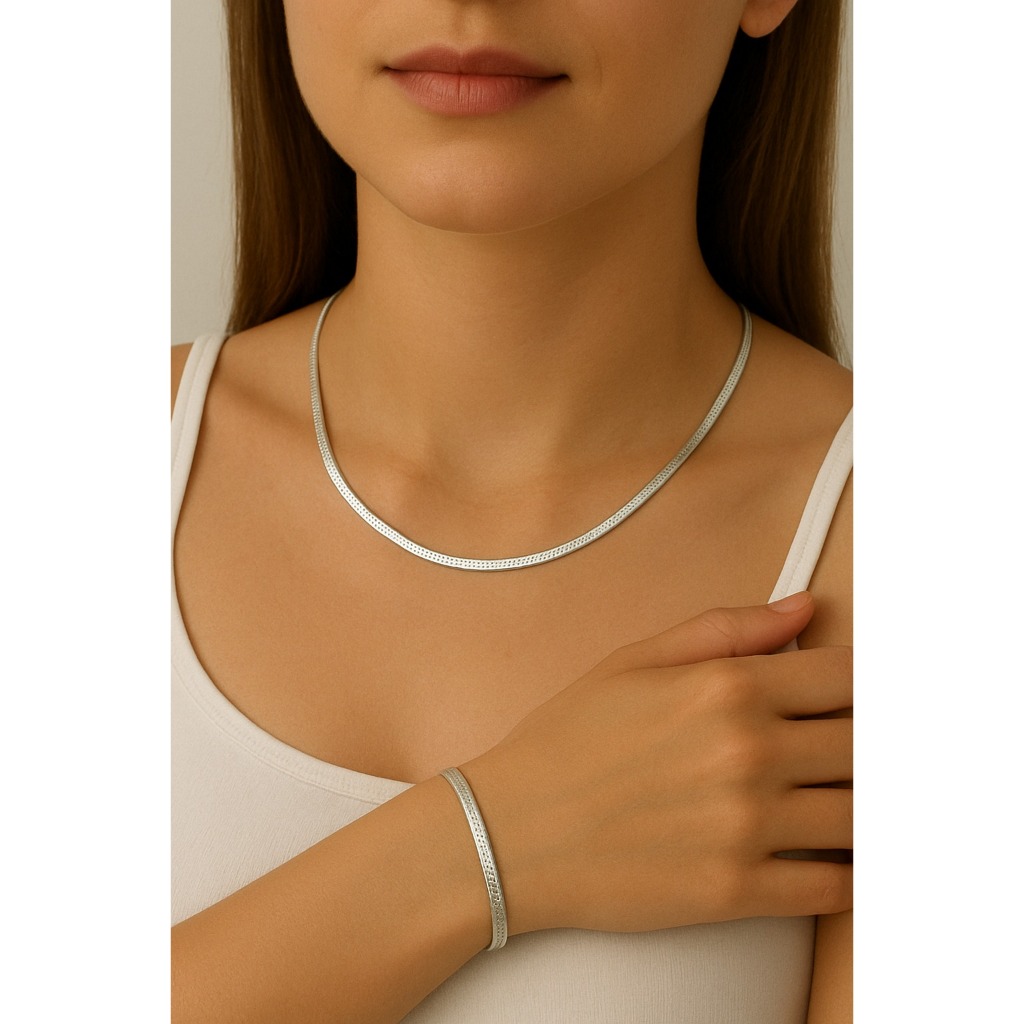 Conjunto Colar Laminado Choker + Pulseira Laminada em Aço Inoxidável Premium 316L Prata ou Dourado