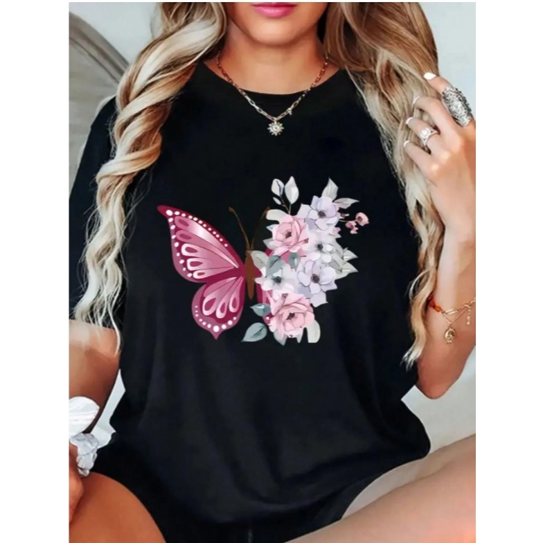 Camiseta borboleta estampada 100% algodão camiseta confortável casual feminina alegre despojada