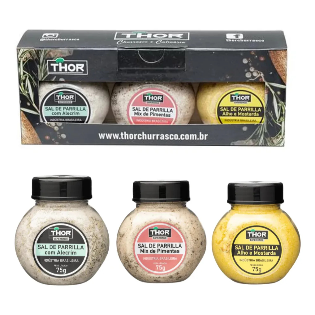 Kit Presente Sal De Parrilla Experience 3 Sabores 75g Thor Churrasco - Com Alecrim, Mix de Pimenta e Alho com Mostarda