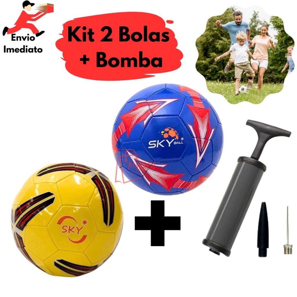 Kit 2 Bolas De Campo Sky + Bomba Ar Portátil Jogo Futebol Esporte Diversão