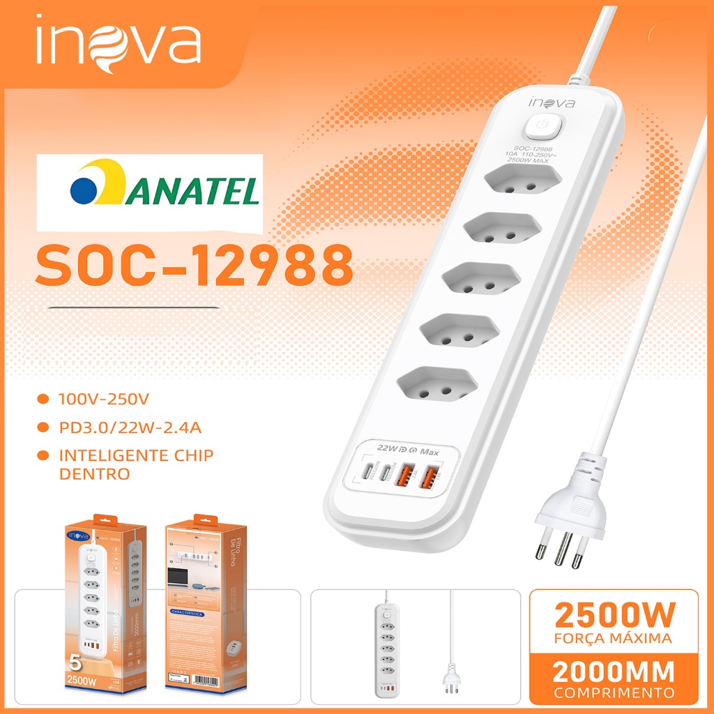 INOVA Régua Filtro Linha com 6 e 5 Tomadas 2500W Extensão Elétrica 3 Universal 3 U 2 Type c 10A