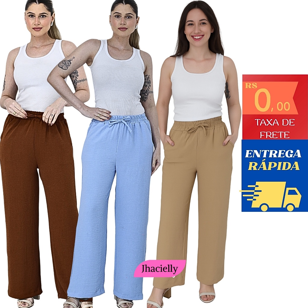 Calça Pantalona Feminina Duna Cintura Alta Elegante Com Elastico Com Bolso Flare Folgadinha M G GG