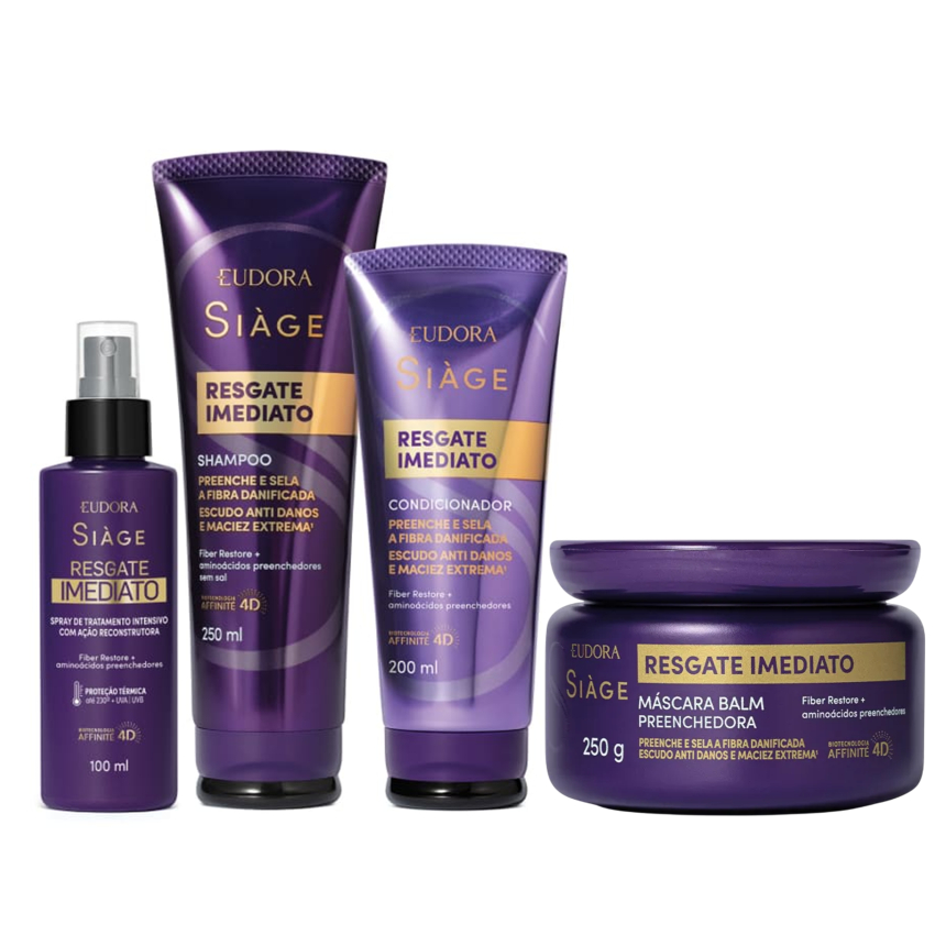 Eudora Siàge Resgate Imediato: Shampoo 250ml, Condicionador 200ml, Máscara Capilar 250g e Leave-In 100ml