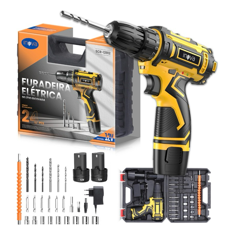 Furadeira Parafusadeira Elétrica Profissional Parafusadeira Inova Jogo Brocas com 2 Bateria