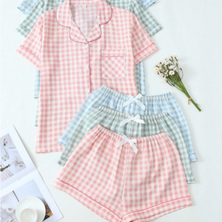 Conjunto de Pijama Feminino Estampa Xadrez 2 Peças Top Manga Curta com Botões e Short com Laço em Oferta na Shopee