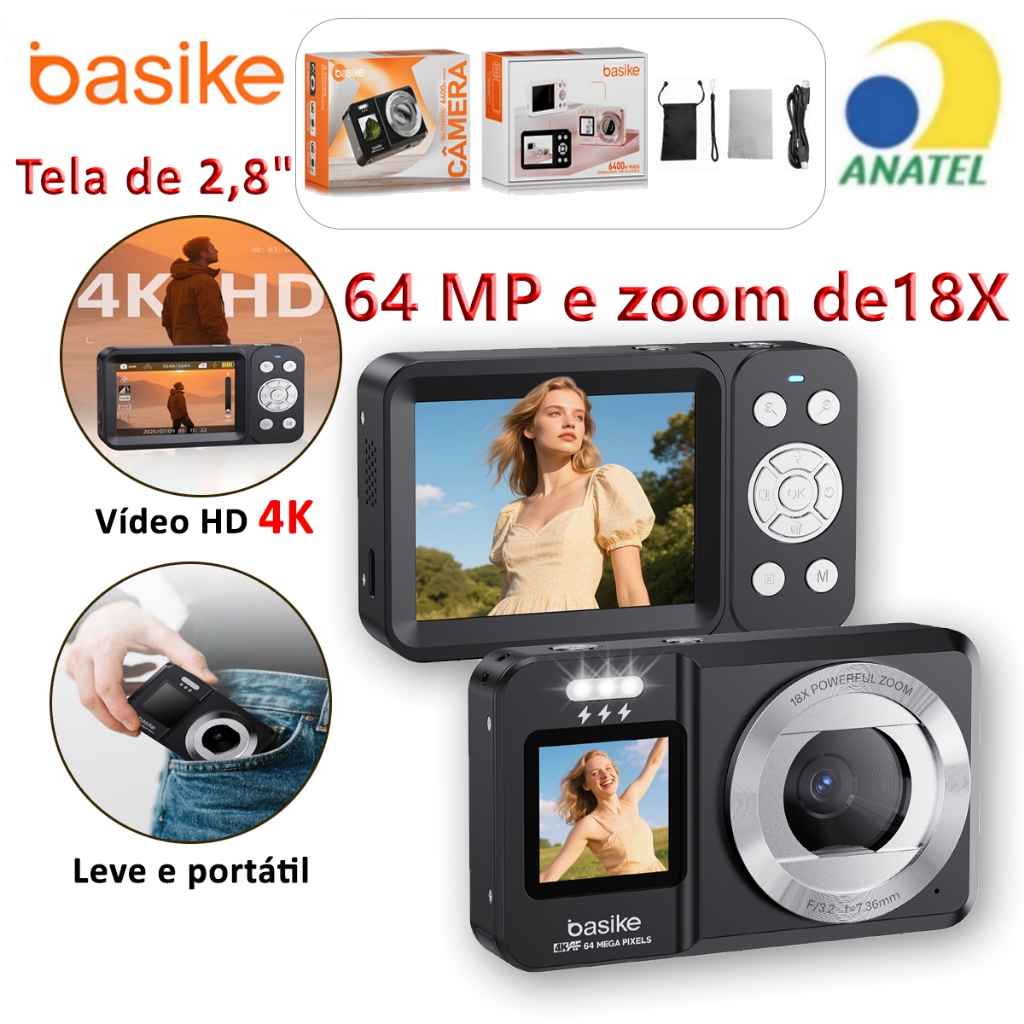 Basike Câmera Digital 64 megapixels 4K Selfie Zoom 18X Com Tela Flip De 180 Vlog