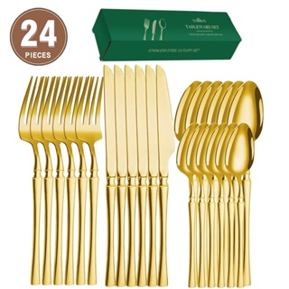 Jogo de Talheres 24 Peças Aço Inox Faqueiro para Mesa e Cozinha Cintura Fina Dourado em Oferta na Shopee