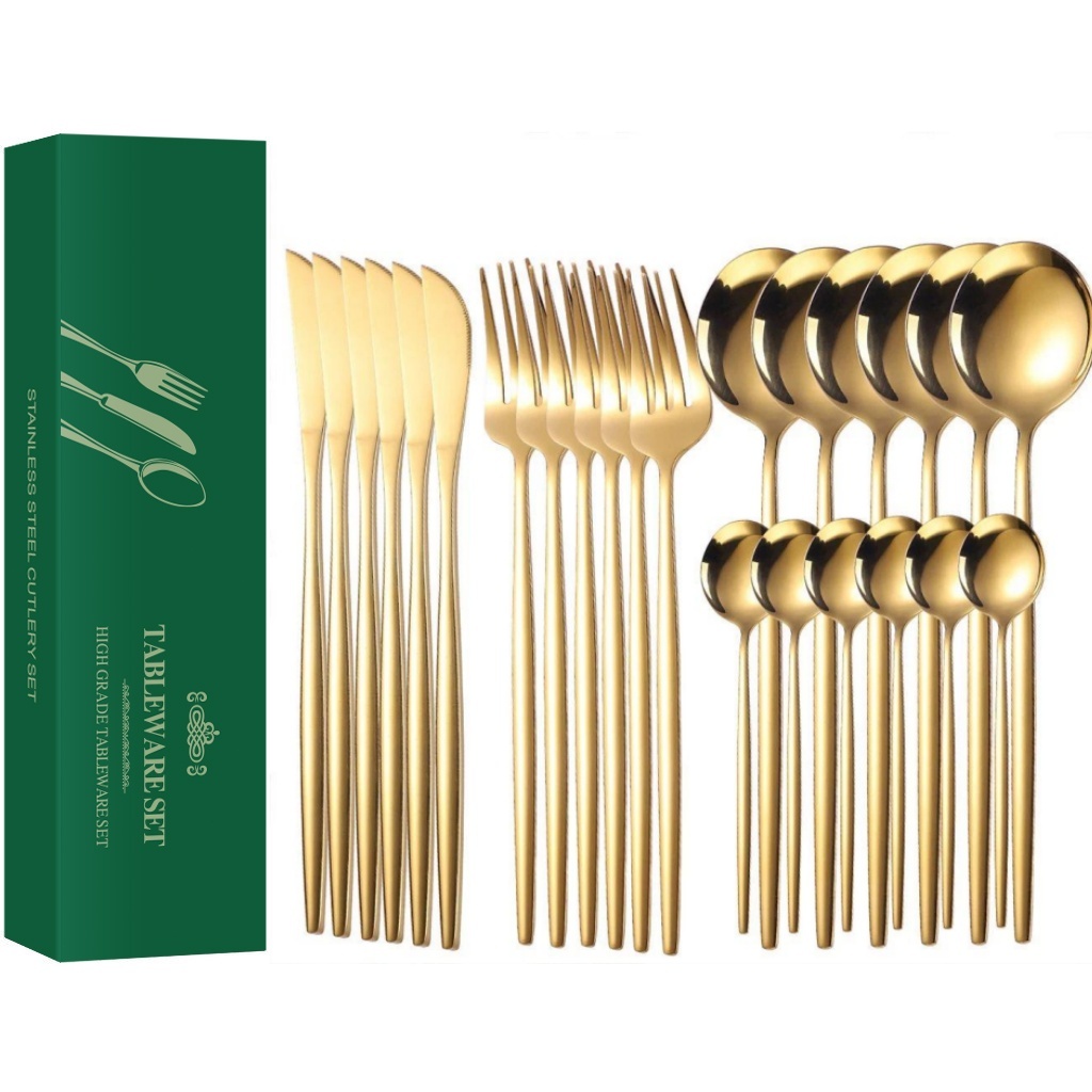Conjunto de 24 peças de utensílios de mesa de aço inoxidável, ouro preto,material de cozinha