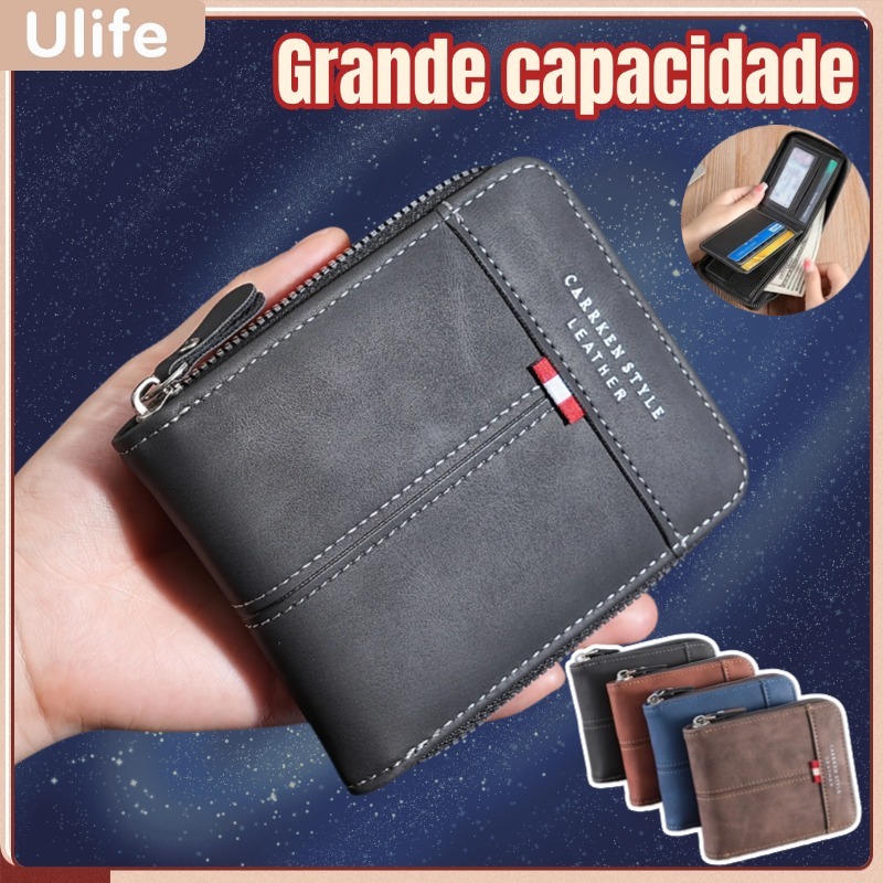 Carteira masculina couro PU com porta documentos com fecho cor preta Azul Café Escuro-UF em Oferta na Shopee