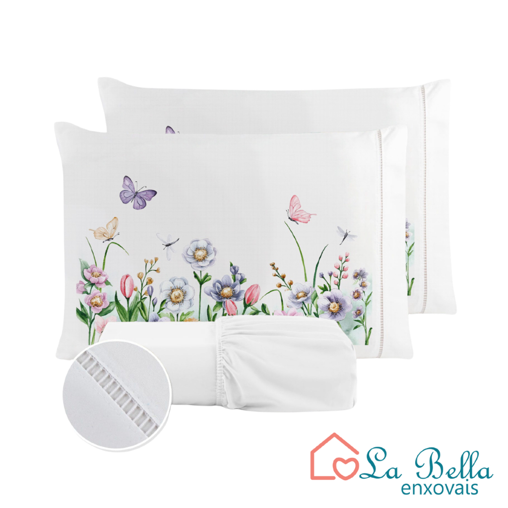 Jogo de Lençol Fronha Borboleta Estampada Micropercal 400 Fios Ponto Palito - ÚLTIMO LANÇAMENTO