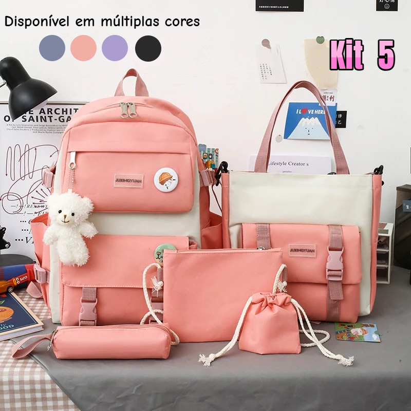 Kit 5 Bolsa Mochila Femina Musculina De Nylon adequado Para Escola  Multiuso  UrsinhoPresente de aniversário Urso bonito