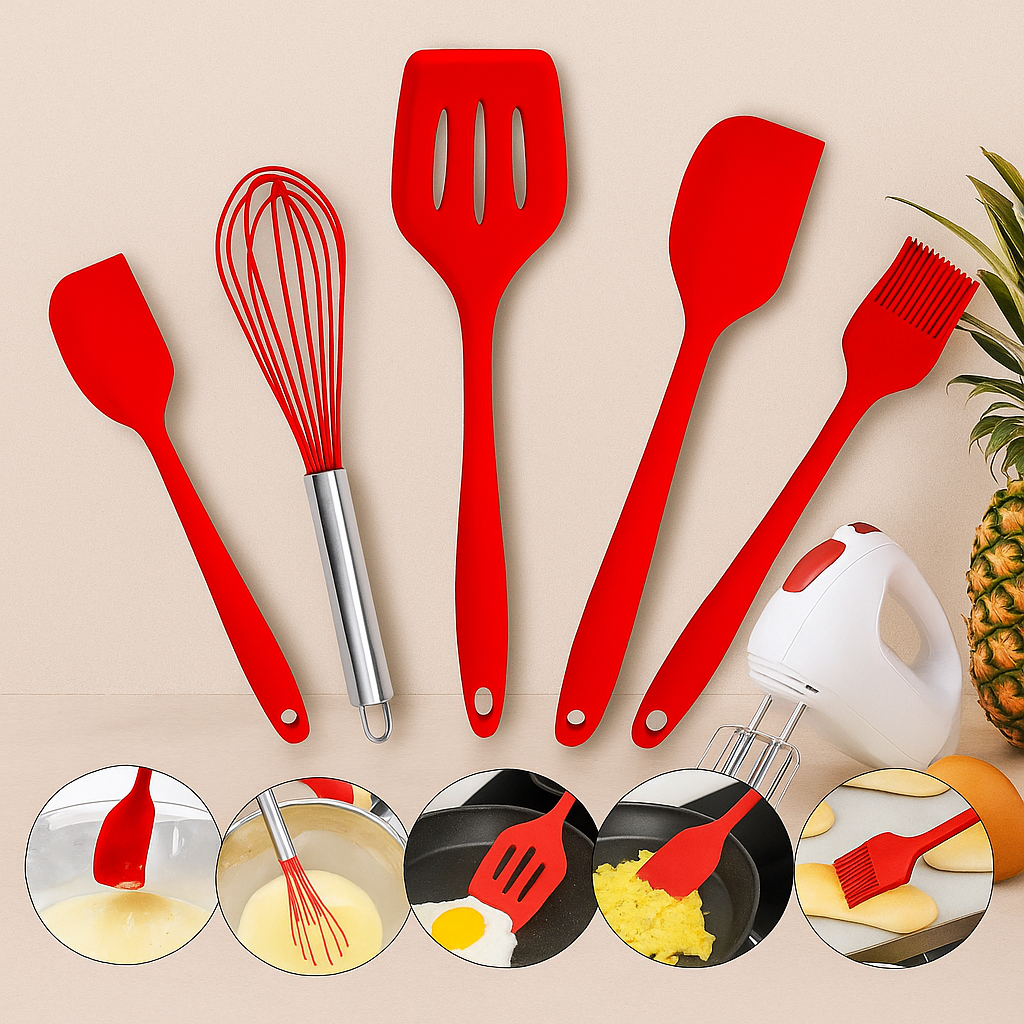 Kit Utensílios de Cozinha de Silicone 5 Peças - Sortido perfeitos para uso em panelas e frigideiras antiaderentes