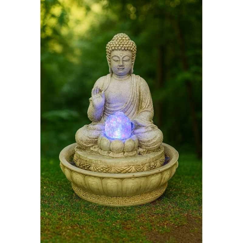 Fonte Decorativa Buda com Luz LED – Resina Bivolt, Jardim, Sala e Ambiente Zen