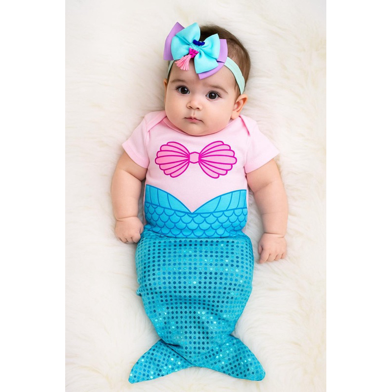 Body bebê temático sereia + cauda + laço mesversario em Oferta na Shopee