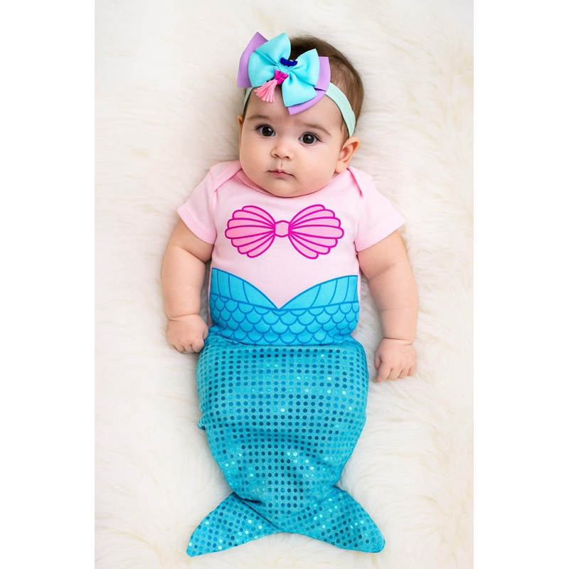 Body Bebê Temático Sereia + Cauda Fantasia Bebê Sereia Mesversario
