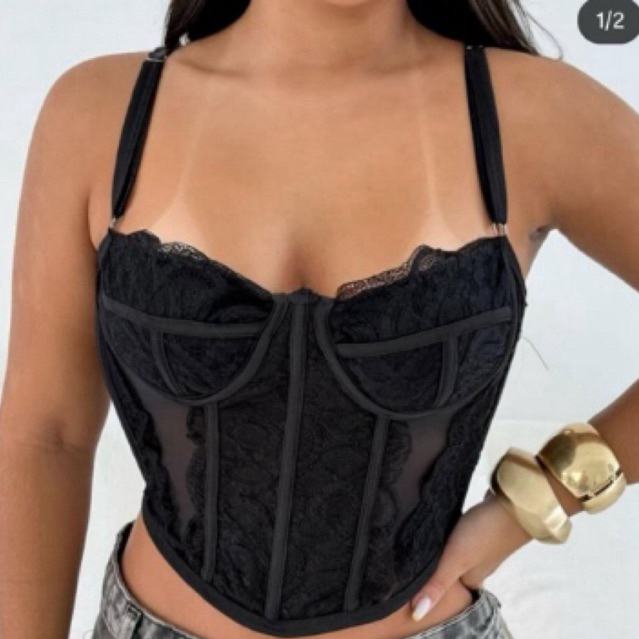 Blusa corset top modelador renda transparente alcinha levanta busto
