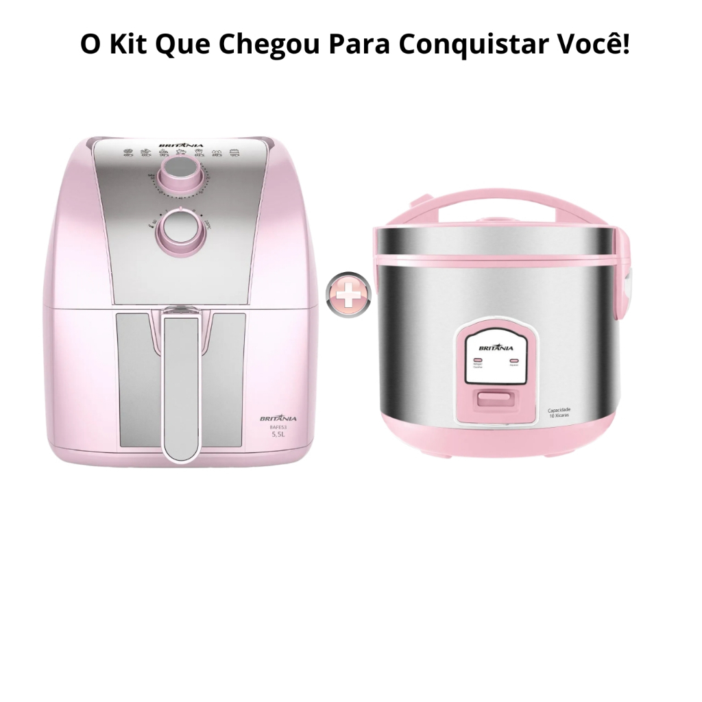 Fryer Rosa Britânia 5,5L Sem Óleo 1500W BAFE53+Panela de Arroz Elétrica Rosa Britânia 10 Xícaras BPAE10C 220V