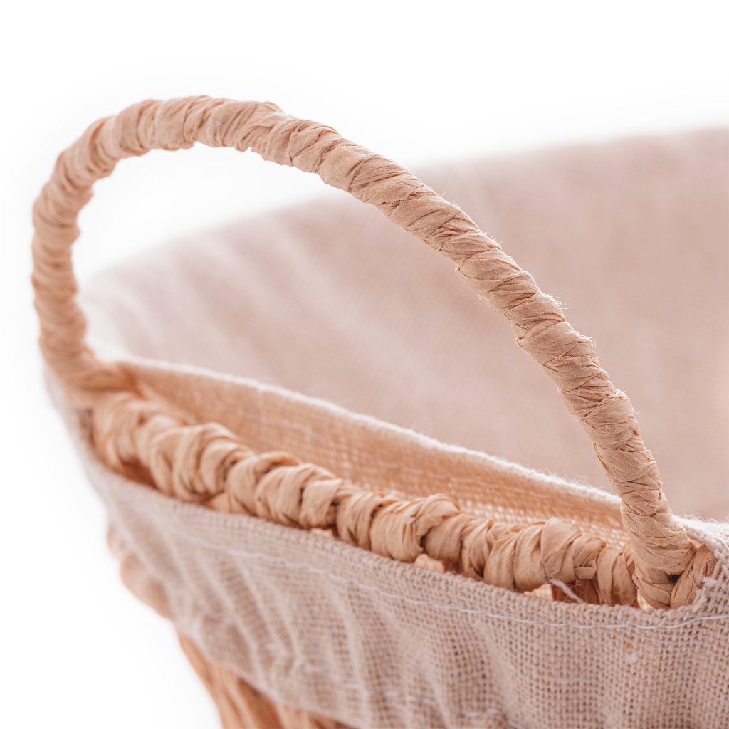 Detalhes do Kit 15 Cesta Oval com Alça em Papel com Forro em Tecido 29cm x 20cm x 12cm - Wolff