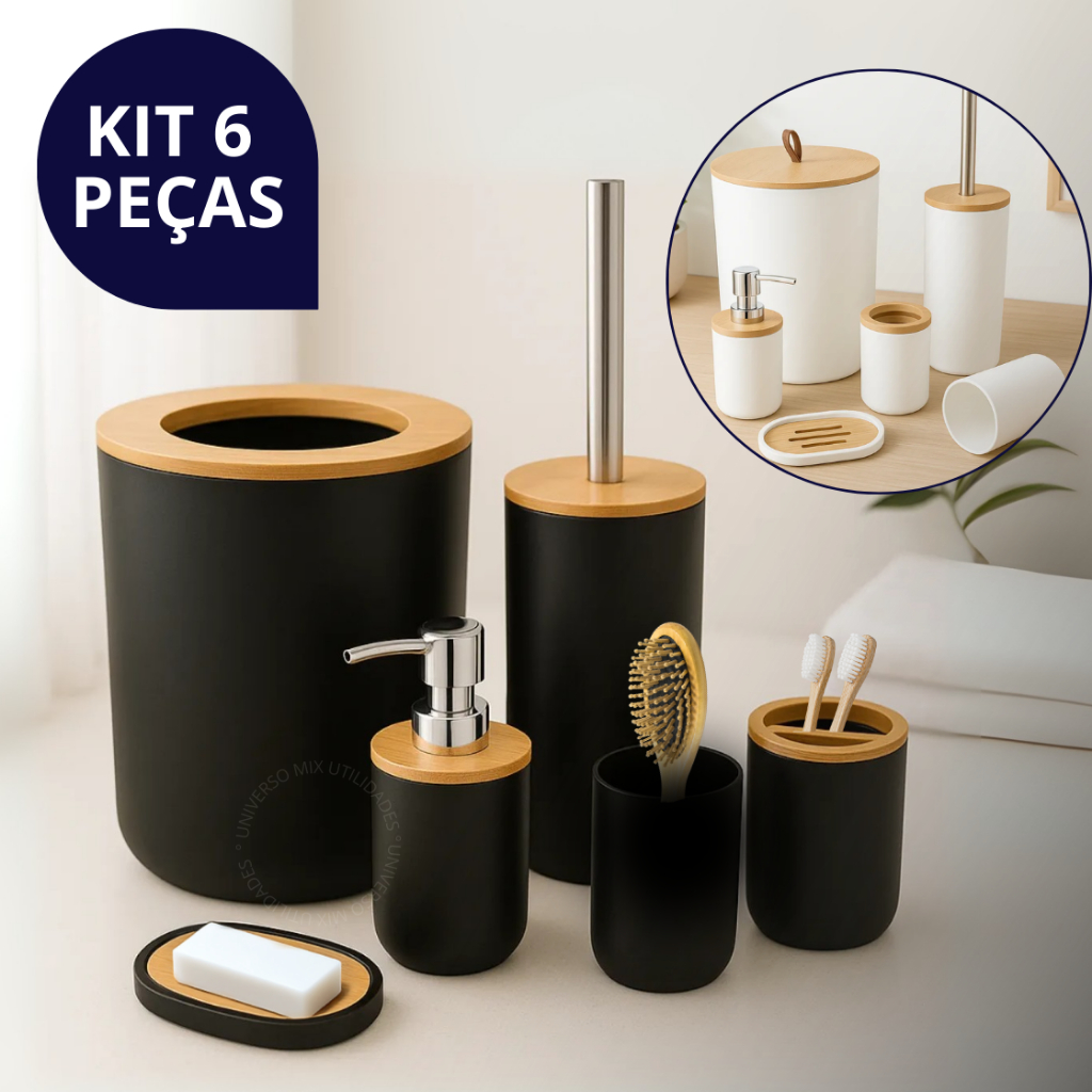 Kit Banheiro Completo Lixeira C/ Tampa Detalhes Em Bambu Luxo