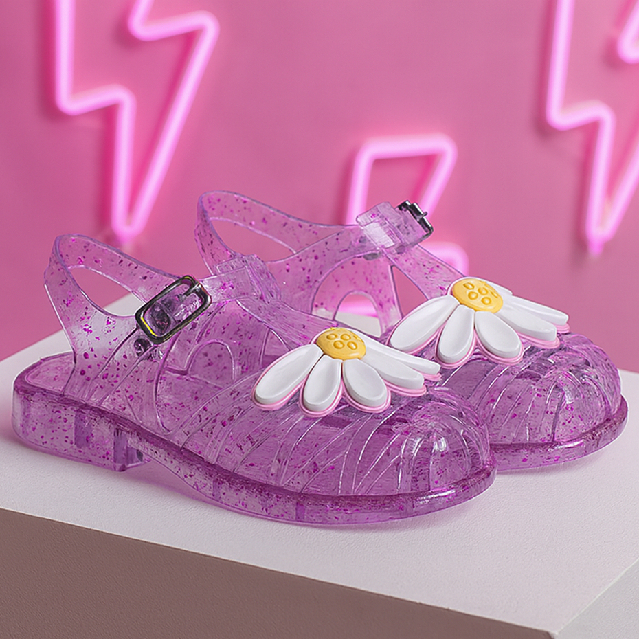 Sandália Infantil Feminina Kids Florzinha Com Glitter Papete Confortável e Leve
