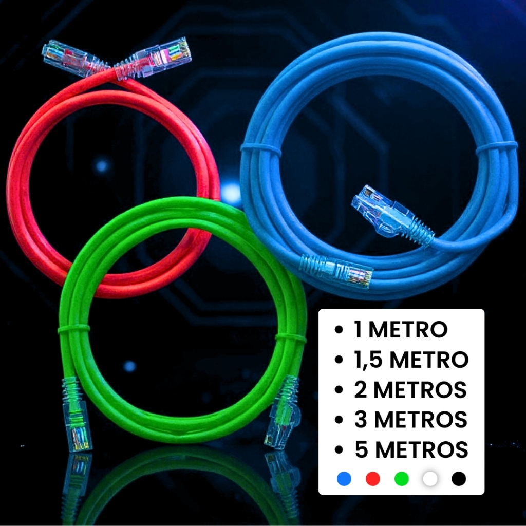 Cabo de Rede CAT5E RJ45 Internet Alta Velocidade 1GBPS - todos os tamanhos e cores