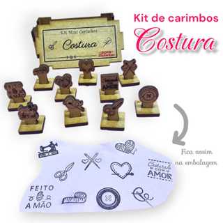 Kit de carimbos - Costura - kit com 10 carimbos em uma caixinha de mdf - tam. aprox. 1,5x1,5cm em Oferta na Shopee