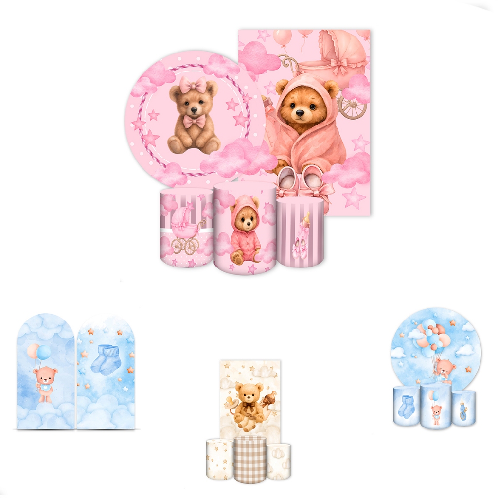Kits de Capas Sublimadas p/ Festa Cha Revelaçao, Menina Menino Ursinho Aquarela